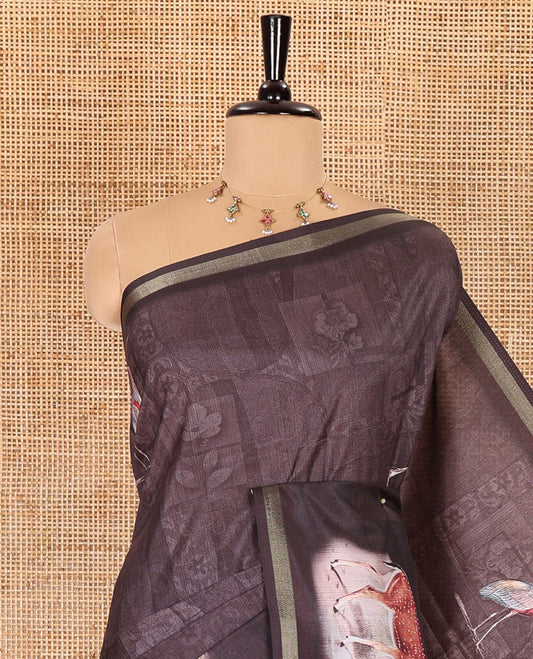 Black deer, crane, and floral motifs digital printed katan silk saree, printed border, floral-animal motifs printed pallu, and a digital printed blouse