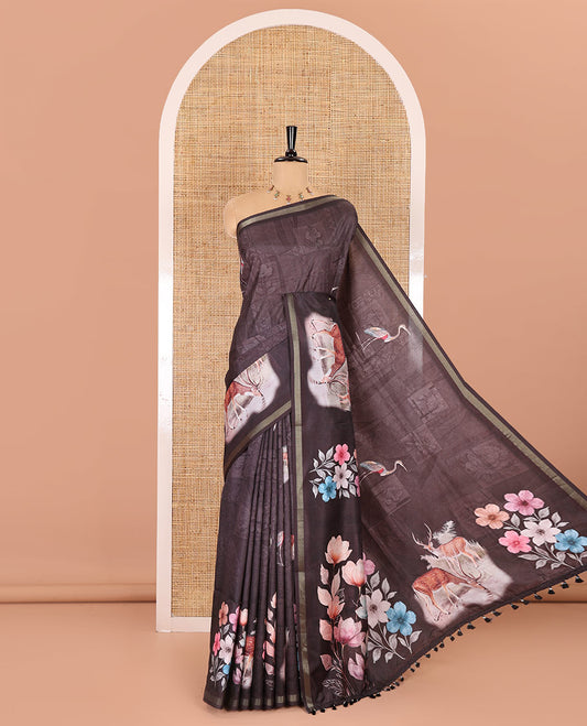 Black deer, crane, and floral motifs digital printed katan silk saree, printed border, floral-animal motifs printed pallu, and a digital printed blouse