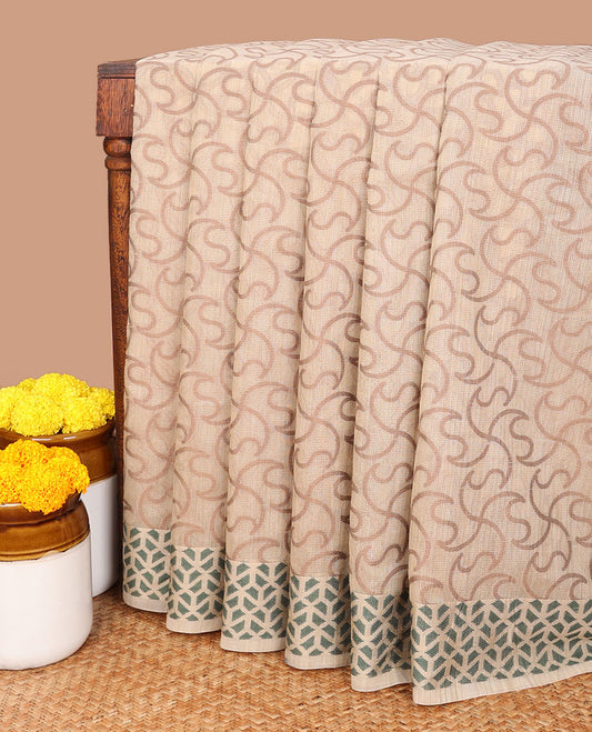 Cream with green thread weaving design banaras kota checks saree, geometric thread border & plain pallu along with plain blouse