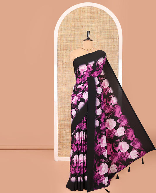 Borderless black and violet floral printed satin crepe saree, floral printed pallu, and a matching floral printed blouse
