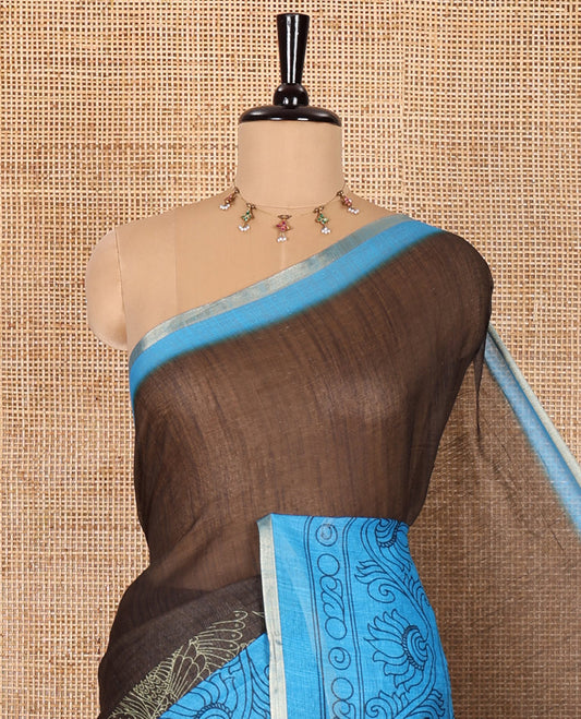 Olive Green plain with swan motifs printed linen cotton saree, contrast floral creeper printed border, swan motifs printed pallu, and plain blouse