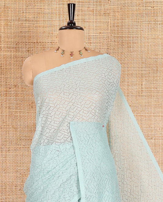 Borderless sea green sparkling glittered russel net saree, self-pallu and a floral print with zig-zag embroidered blouse