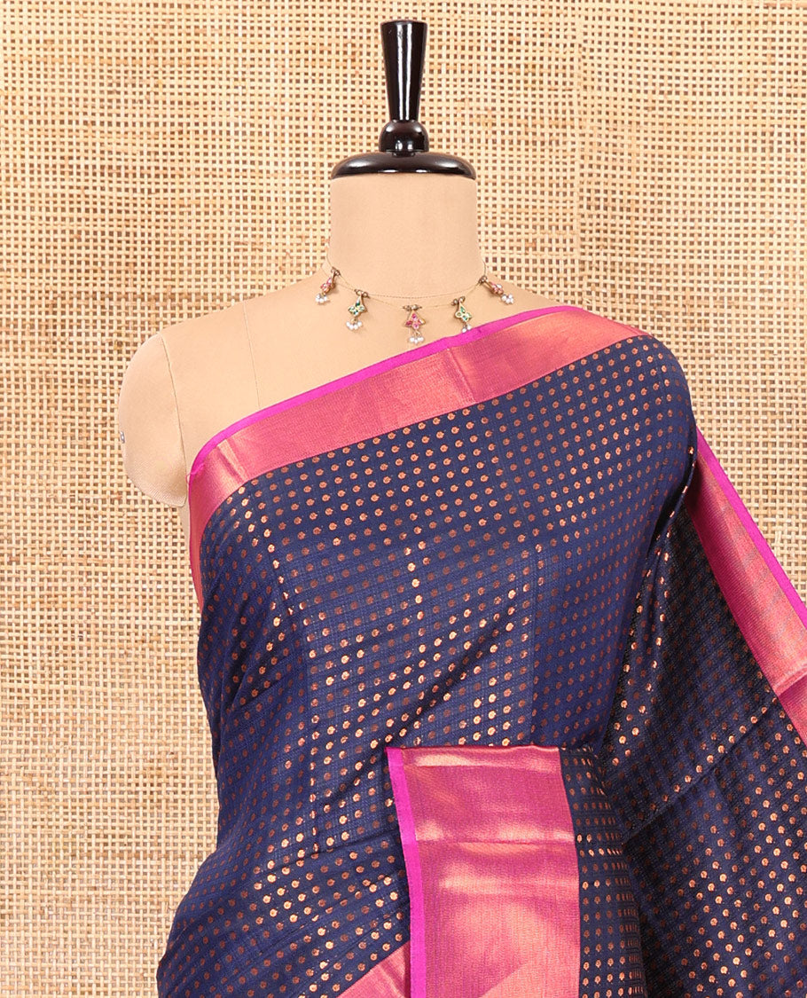 Navy blue zari buttas semi-soft silk saree, contrast plain zari border, contrast zari buttas steeped pallu, and a contrast zari design blouse