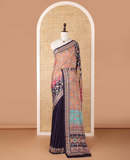 Multi-color printed, mirror work synon silk saree with printed border & printed rich pallu along with plain blouse