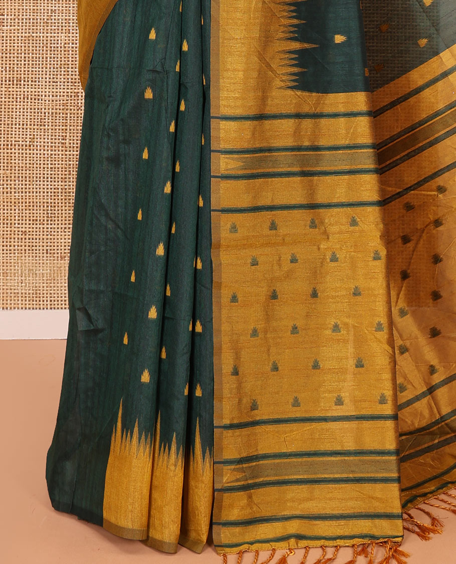 Green buttas semi-jute saree with contrast temple border, thread striped pallu, and a contrast thread buttas blouse