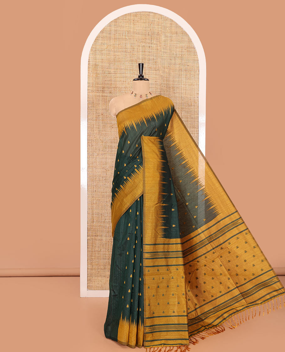 Green buttas semi-jute saree with contrast temple border, thread striped pallu, and a contrast thread buttas blouse