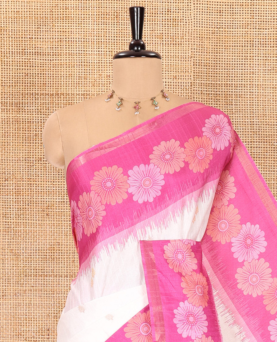 Off-White floral buttas katan silk saree, contrast floral motifs border, pallu adorned with floral designs, and a contrast lotus flower printed blouse