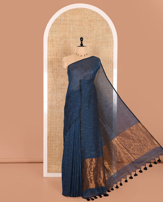 Borderless Blue Khadi Mul Cotton Saree Decked with Jharna-Style Waterdrop Motifs, Featuring a Gleaming Zari-Woven Pallu, Paired with a Matching Blouse Replicating the Body Motifs