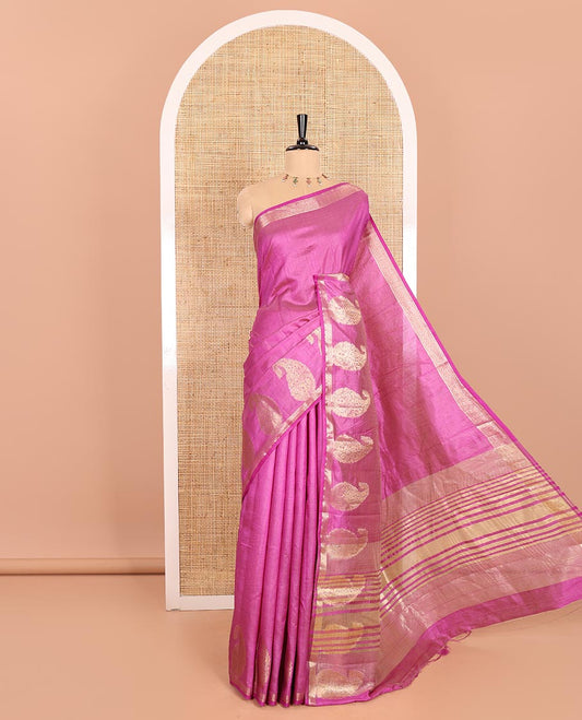 Lavender Plain Semi-Tussar Saree Artfully Detailed with a Self Border Featuring Floral and Paisley Zari Weave, Adorned with a Zari-Striped Pallu, Paired with a Matching Zari-Woven Blouse