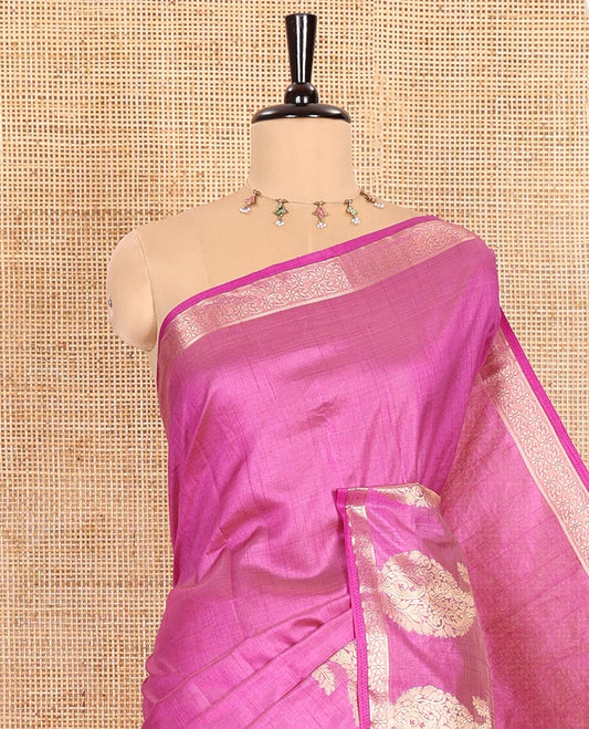 Lavender Plain Semi-Tussar Saree Artfully Detailed with a Self Border Featuring Floral and Paisley Zari Weave, Adorned with a Zari-Striped Pallu, Paired with a Matching Zari-Woven Blouse