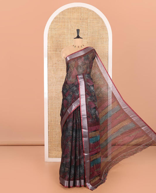 Black Printed Linen Cotton Saree Beautified with Multi-Color Floral and Sparkle Motifs, Complemented by a Contrast Bavanji Border, Featuring a Colorfully Printed Pallu, Paired with a Subtle Matching Blouse