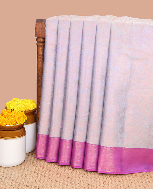 Grey with pink butterfly zari design silk cotton saree with contrast border & copper zari pallu along with plain blouse