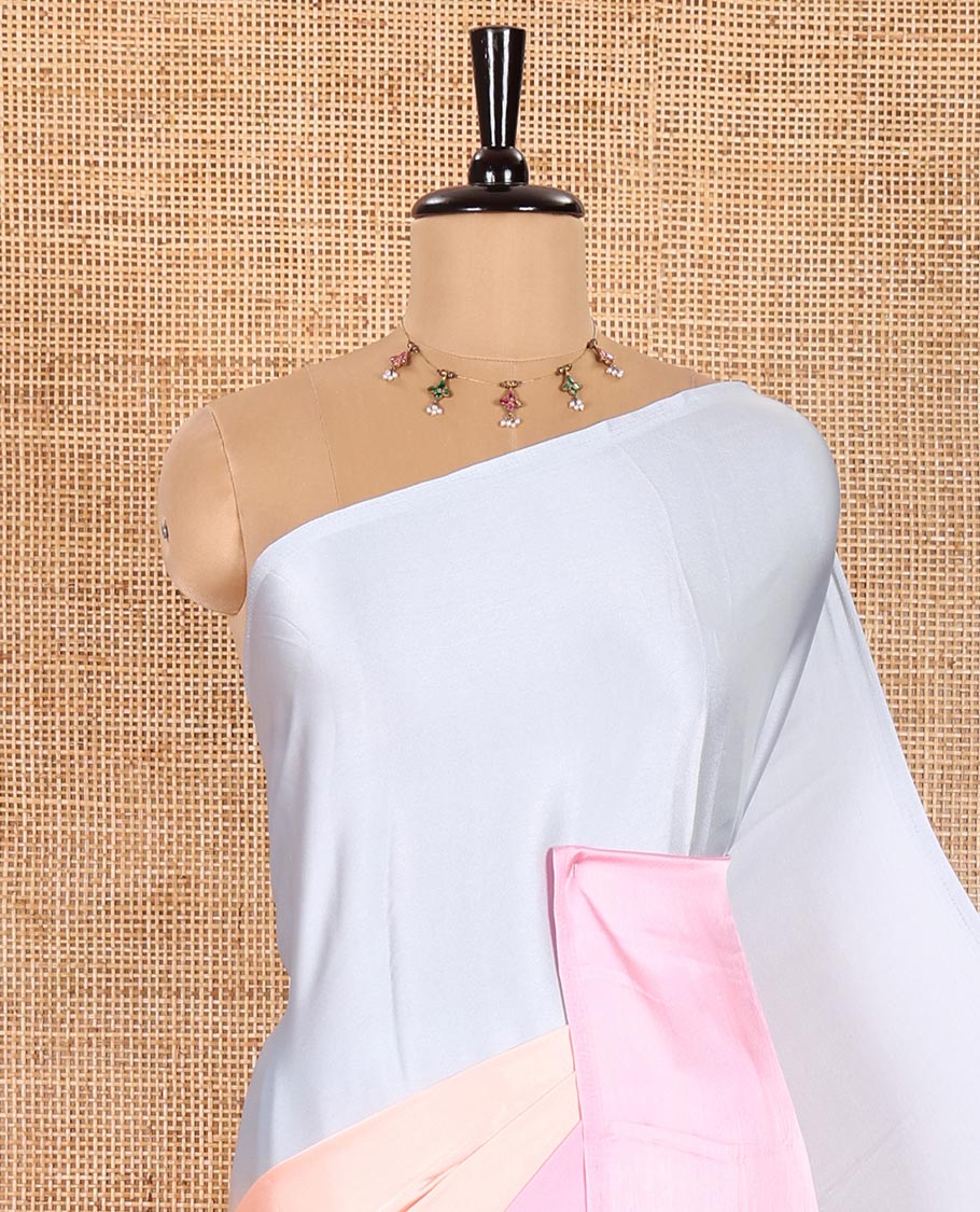Borderless Baby Pink and Grey Satin Crepe Saree Enthralled with Ombre-Style Tri-Colors and Paired with a Matching Blouse