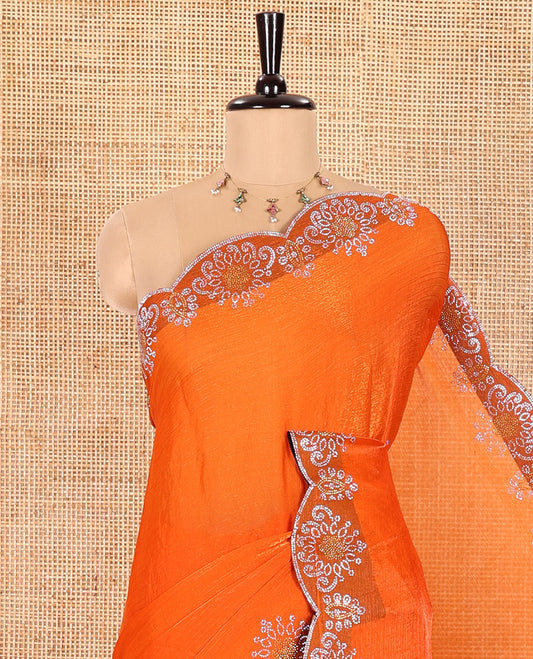 Orange Fendy Chiffon Saree Artfully Designed with Floral-Style Micro-Stone Work, Scallop Border of Micro-Stone Work, and Paired with a Matching Blouse