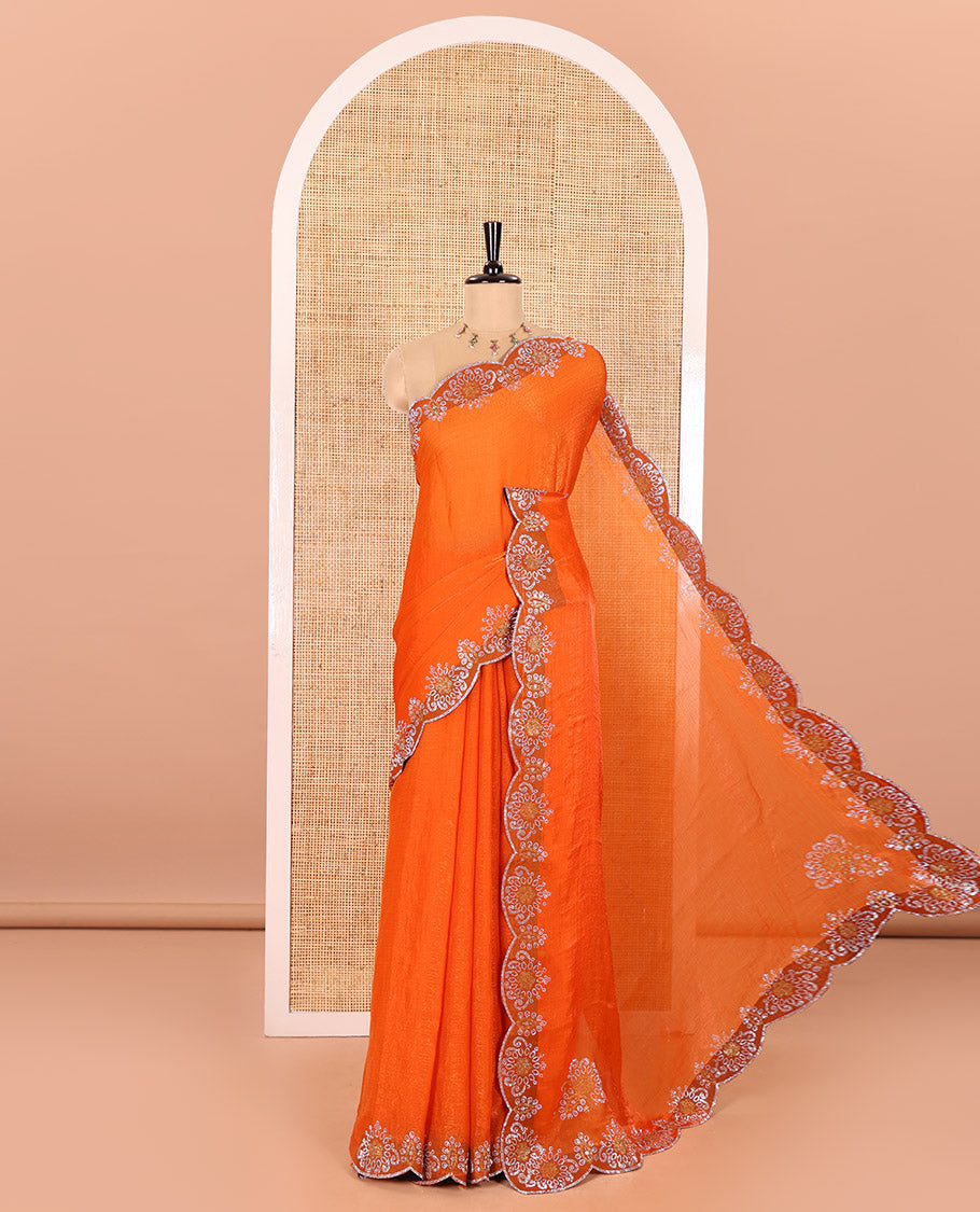Orange Fendy Chiffon Saree Artfully Designed with Floral-Style Micro-Stone Work, Scallop Border of Micro-Stone Work, and Paired with a Matching Blouse