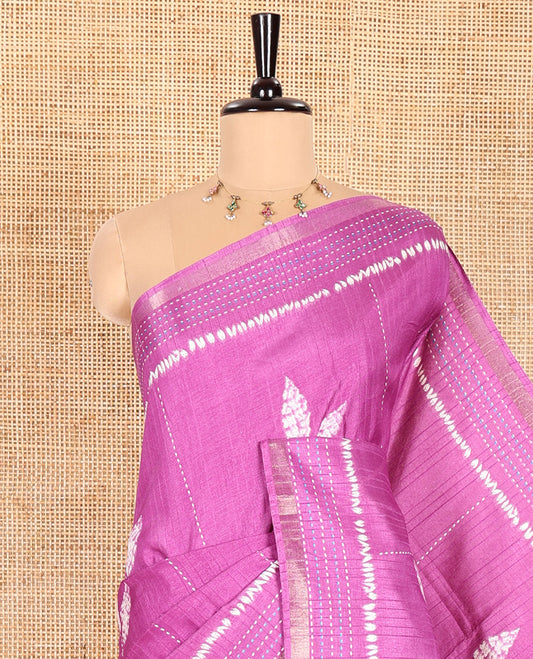 Purple Dola Tussar Saree Bedecked with Shibori-Style Leaf Motifs Printed All Over Its Body, Subtly Made Zari Piping Border of Kanta Work, Complemented by Contrast Pallu of Shibori-Style Leaf Print, and Paired with Contrast Blouse