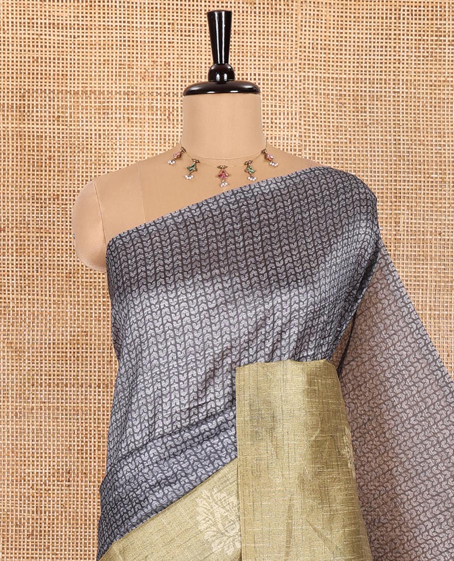Grey and Green Semi-Tussar Saree, Detailed with Geometric Patterns Printed All Over Its Body, Complemented by a Captivating Contrast One-Sided Border of Unique Print, and Paired with a Contrast Blouse