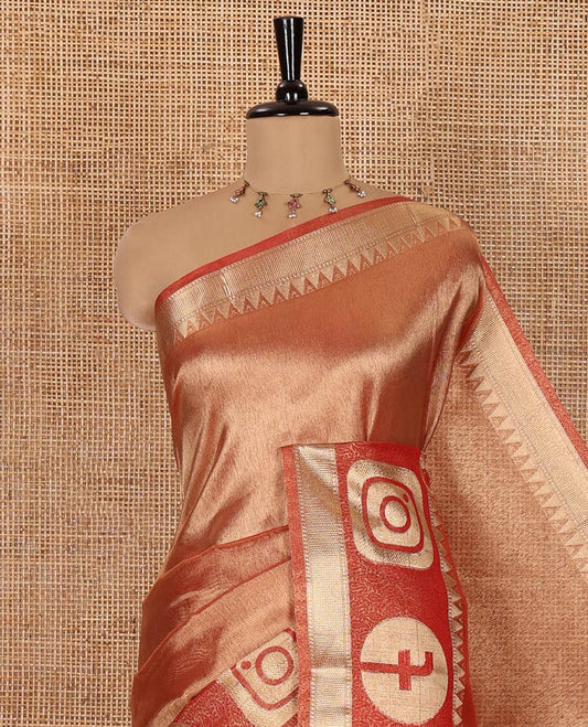 Orange Plain Tissue Saree, Highlighted with a Gleaming Zari Border of Instagram and Facebook Icon Weave, Scintillating Pallu, and Paired with a Contrast Plain Blouse