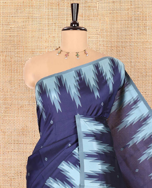 Navy Blue Kanchi Silk Saree Enriched with Thread Buttas All Over Its Body, Complemented by a Contrast Temple Border, Grandly Woven Pallu of Intricate Design Weave, and Paired with a Contrast Blouse