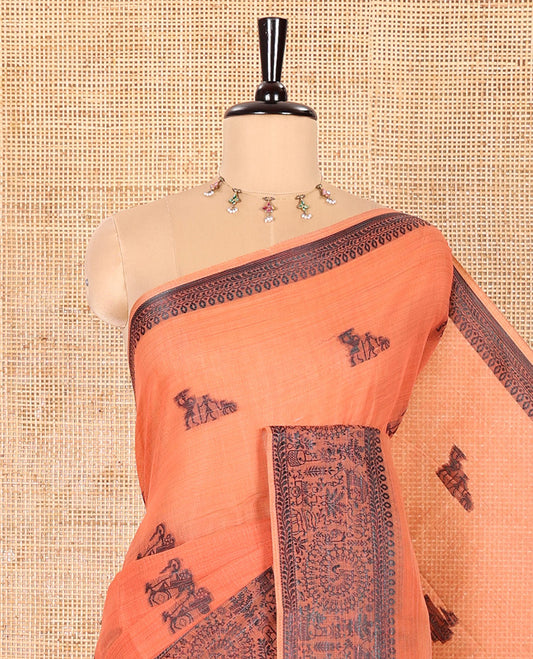 Orange Chanderi Cotton Saree Delicately Woven with Warli Motifs All Over Its Body, Featuring a Subtly Sparkled Border Depicting Warli Village Motifs, Subtly Striped Pallu, and Paired with a Matching Blouse