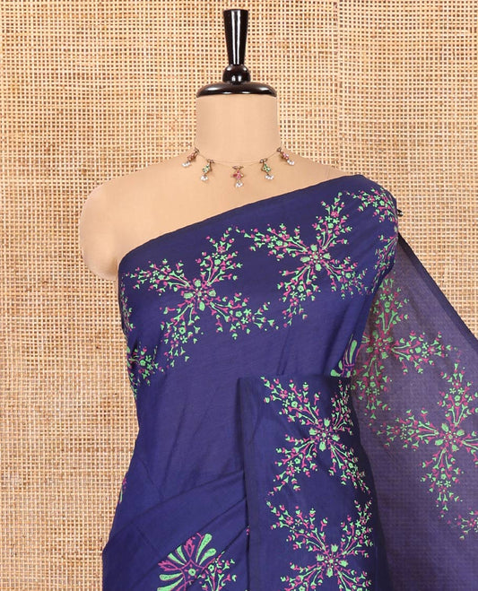 Blue South Cotton Saree, Accentuated with Handblock Printed Motifs All Over Its Body, Vibrantly Block Printed Border, Paired with a Matching Blouse, and a Contrast Paisley Block Printed Blouse