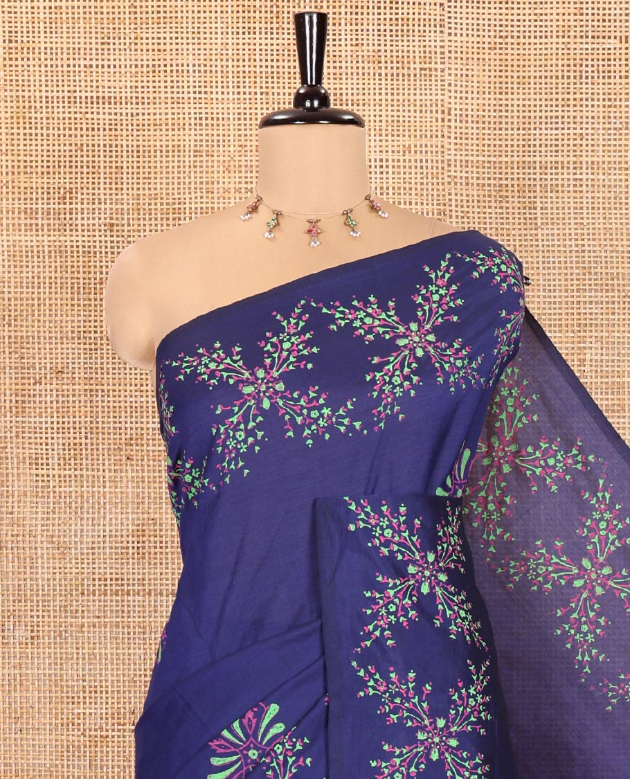 Blue South Cotton Saree, Accentuated with Handblock Printed Motifs All Over Its Body, Vibrantly Block Printed Border, Paired with a Matching Blouse, and a Contrast Paisley Block Printed Blouse