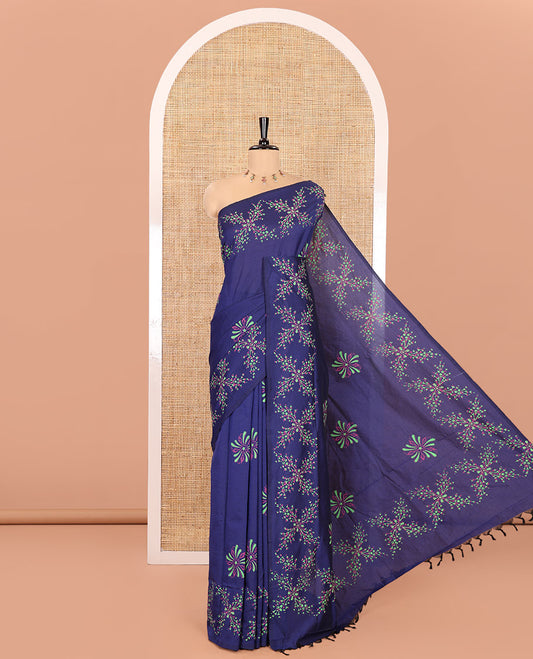 Blue South Cotton Saree, Accentuated with Handblock Printed Motifs All Over Its Body, Vibrantly Block Printed Border, Paired with a Matching Blouse, and a Contrast Paisley Block Printed Blouse