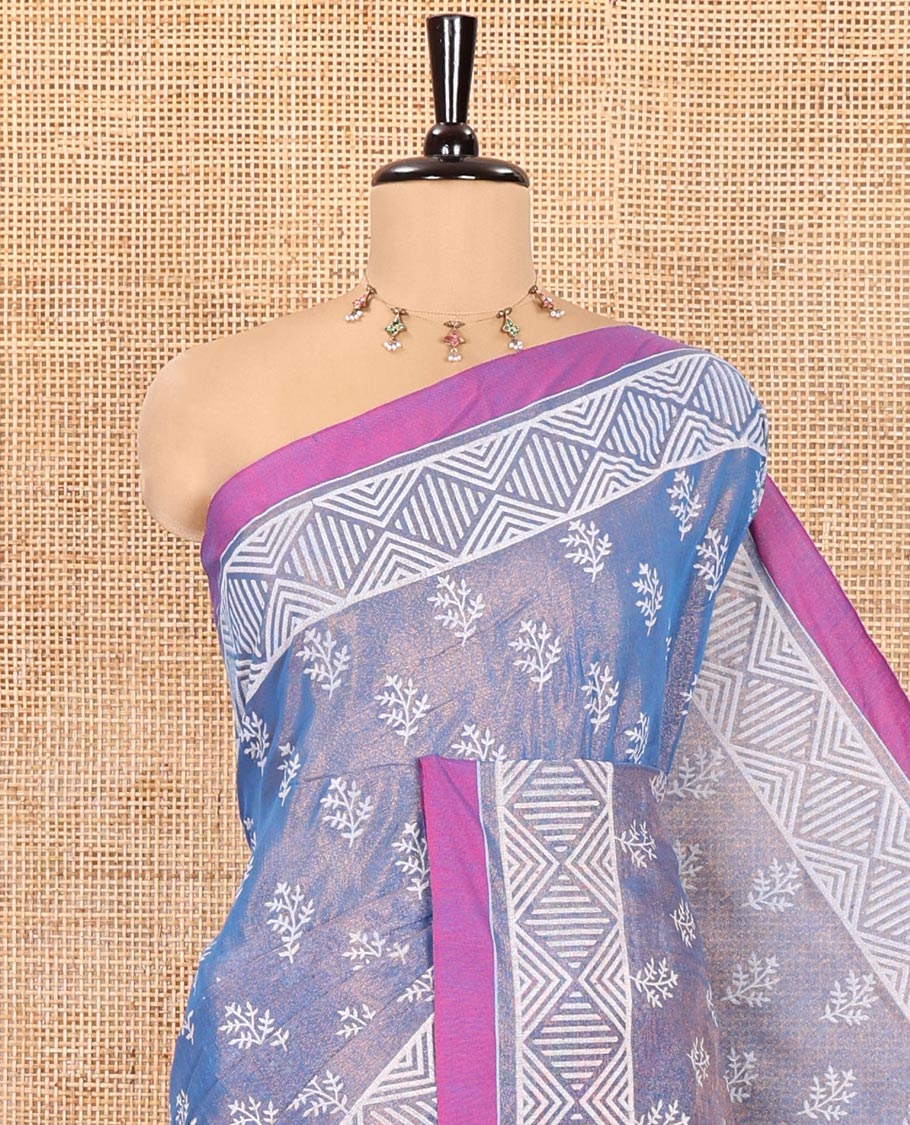 Blue Khadi Tissue Saree, Adorned with Leaf Buttas All Over Its Body, Highlighted by Geometric Patterned Border, Pallu Depicts Geometric Prints, and Paired with a Matching Blouse