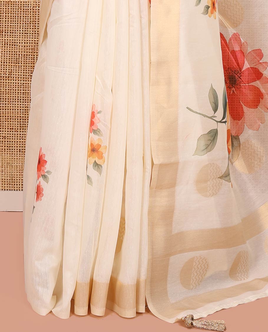 Cream Banaras Tissue Saree, Decked Up with Floral Motifs Print and Zari Buttas on Its Body, Subtle Bavanji Border, Pallu Pictures Floral Prints, and Paired with a Matching Floral Printed Blouse