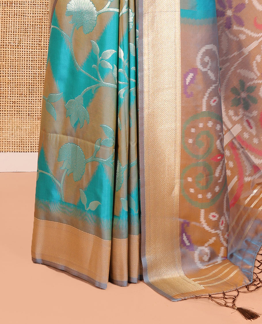 Blue Mulberry Soft Silk Saree, Embellished with Zig-Zag Stripes and Floral Jaal Design on Its Body, Highlighted by a Zari-Decked-Up Border, Pallu Features an Ikkat Design Weave, and Paired with a Blouse