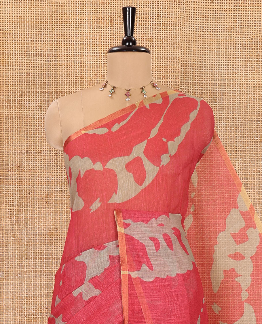 Pink Linen Saree, Decked up with Abstract-Style Print on Its Body, Subtle Piping Border, Captivating Pallu of Floral Vine Print, and Paired with a Contrast Floral Printed Blouse