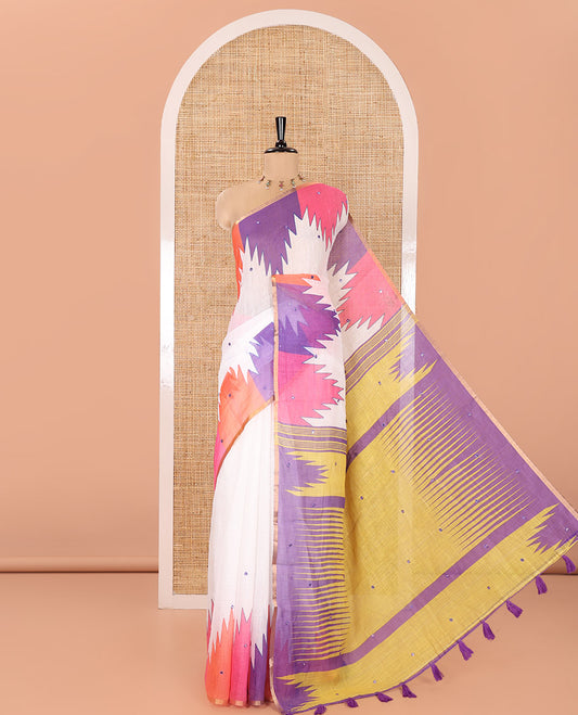 White-Base Linen Cotton Saree, Elevated with Mirror Work All Over Its Body, Complemented by a Contrast Multi-Colored Temple Printed Border, Pallu of Temple Print, and Paired with a Contrast Vertical Stripes Printed Blouse