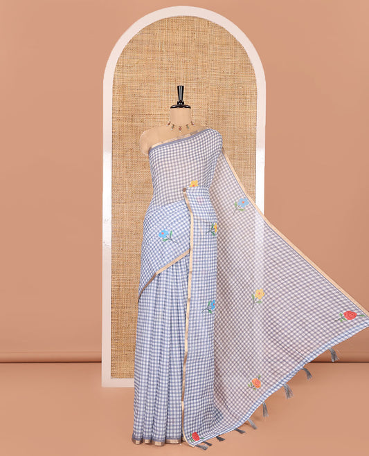 Grey Linen Cotton Saree, Beautiful Decked Up with Checks and Floral Motifs Printed All Over Its Body, Subtle Piping Border, Pallu Mirrors the Same Design, and Paired with a Printed Blouse