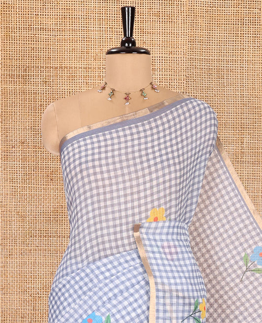 Grey Linen Cotton Saree, Beautiful Decked Up with Checks and Floral Motifs Printed All Over Its Body, Subtle Piping Border, Pallu Mirrors the Same Design, and Paired with a Printed Blouse