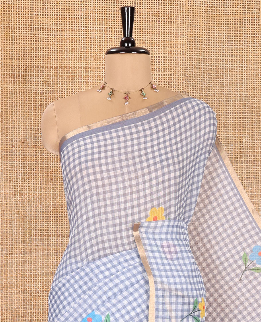 Grey Linen Cotton Saree, Beautiful Decked Up with Checks and Floral Motifs Printed All Over Its Body, Subtle Piping Border, Pallu Mirrors the Same Design, and Paired with a Printed Blouse