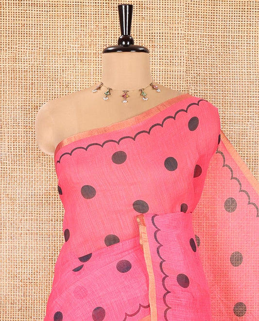 Pink Linen Cotton Saree, Beautified with Polka Dots All Over Its Body, Subtle Piping Border, Self-Pallu, and Paired with a Floral Printed Matching Blouse
