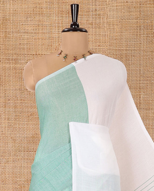 Borderless White and Green Plain Khadi Mul Cotton Saree, Self-Pallu Steeped with Stripes, and Paired with a Plain Blouse