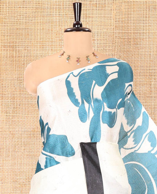Cream and Blue Art Khadi Cotton Saree, Adorned With Half-and-Half-style Floral Print On Its Body, Highlighted by Contrast Piping Border, Self-Pallu and Paired with a Contrast Blouse