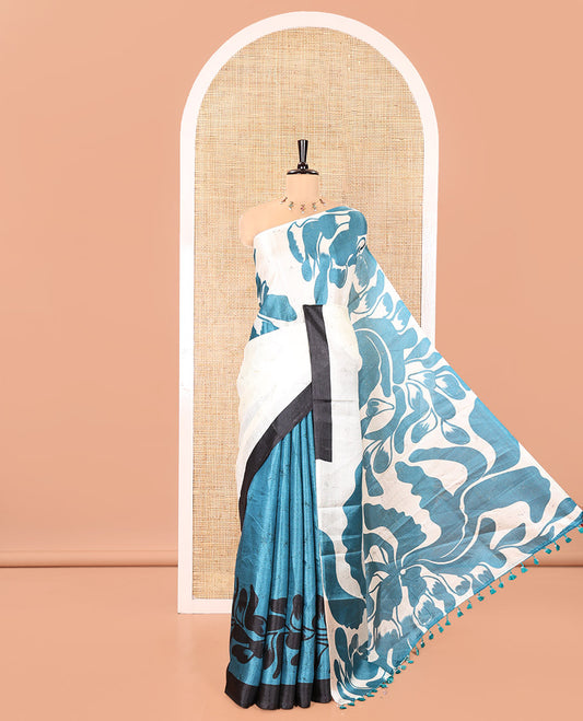Cream and Blue Art Khadi Cotton Saree, Adorned With Half-and-Half-style Floral Print On Its Body, Highlighted by Contrast Piping Border, Self-Pallu and Paired with a Contrast Blouse