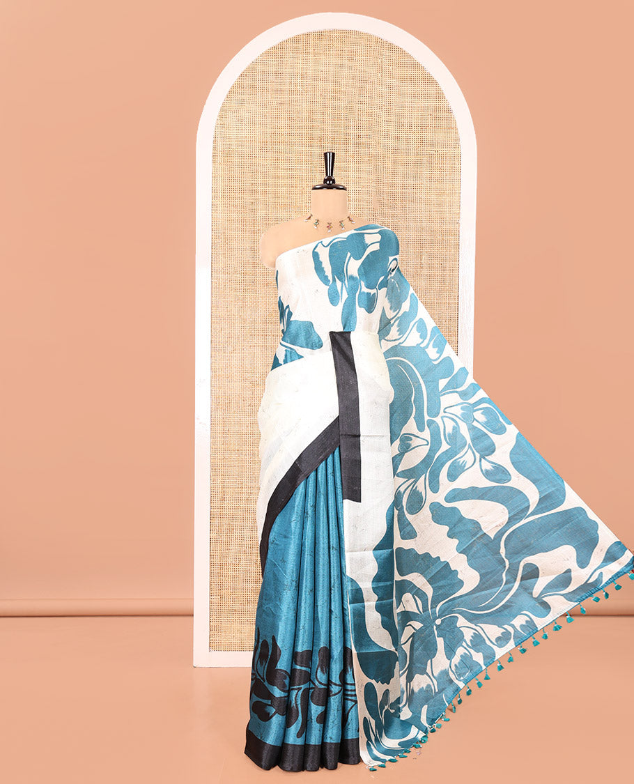 Cream and Blue Art Khadi Cotton Saree, Adorned With Half-and-Half-style Floral Print On Its Body, Highlighted by Contrast Piping Border, Self-Pallu and Paired with a Contrast Blouse