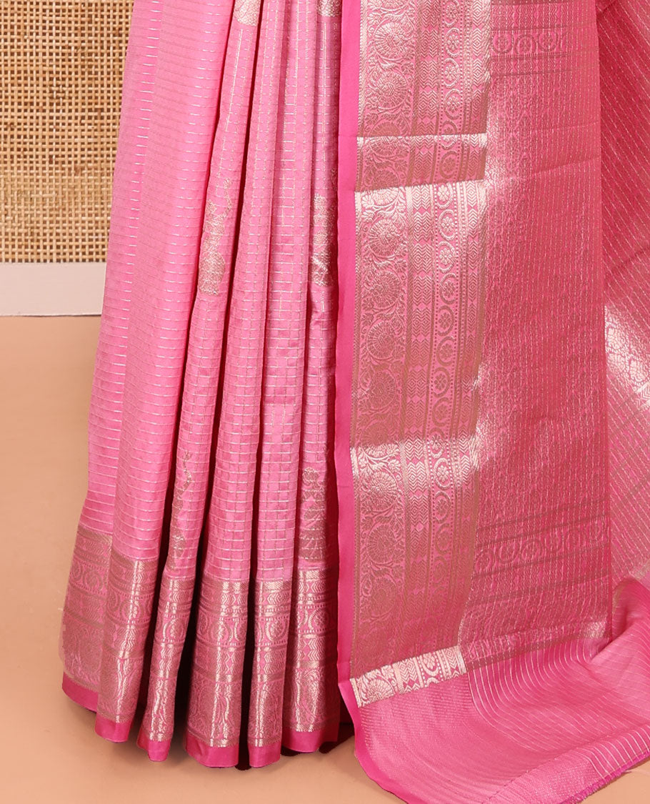 Pink Kanchi Silk Saree, Beautifully Bedecked with Zari Buttas and Zari Checks on Its Body, Highlighted by a Traditional Zari Design Border, Intricately Designed Pallu, and Paired with a Matching Blouse