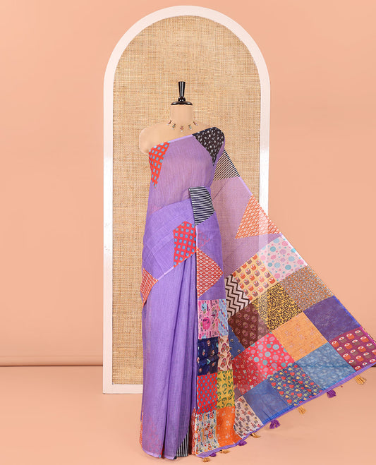 Lavender Plain Linen Cotton Saree, Complemented by a Contrast-Colored Triangle on Its Border, Kaleidoscopic-Color Patchwork Pallu, and Paired with a Contrast Blouse