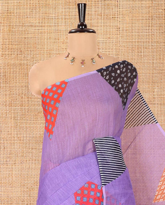Lavender Plain Linen Cotton Saree, Complemented by a Contrast-Colored Triangle on Its Border, Kaleidoscopic-Color Patchwork Pallu, and Paired with a Contrast Blouse