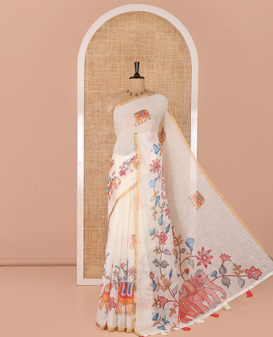 Cream Linen Cotton Saree, Bedecked with Elephant Motifs Printed on Its Body, Subtle Piping Border, Pallu of Floral and Elephant Designs, and Paired with a Matching Blouse