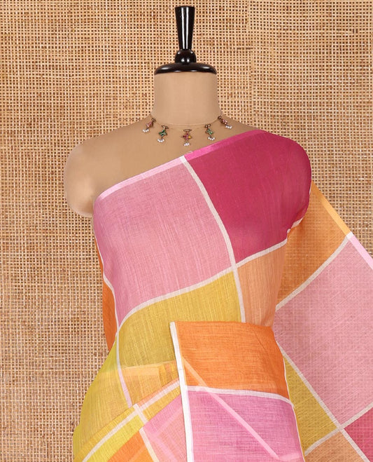 Borderless Multi-color Linen Cotton Saree, Beautified with Big Colorful Solid Checks On Its Body, Self-Pallu of Tassels, and Paired with a Contrast Plain Blouse