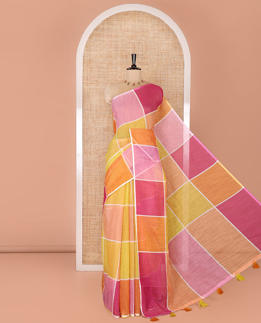 Borderless Multi-color Linen Cotton Saree, Beautified with Big Colorful Solid Checks On Its Body, Self-Pallu of Tassels, and Paired with a Contrast Plain Blouse