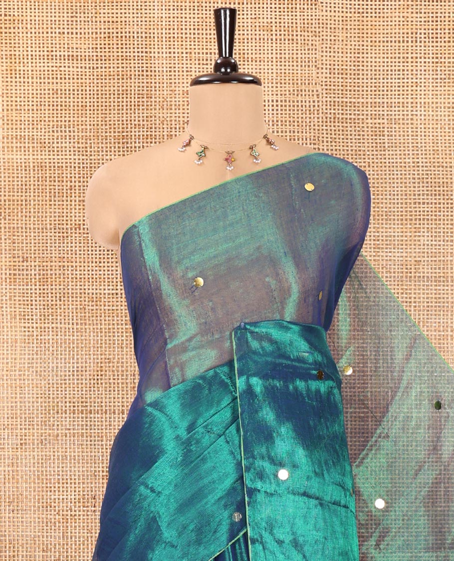 Borderless Rama Khadi Tissue Silk Saree, Enriched with Sequins On Its Body, a Self-Pallu and Paired with a Matching Blouse
