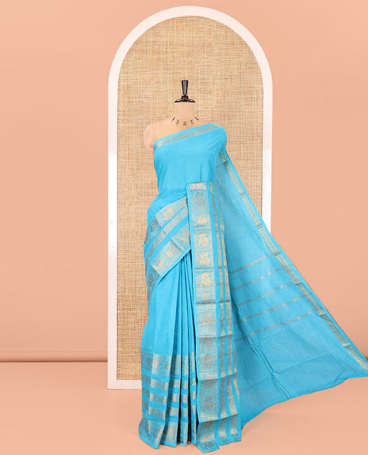 Blue Plain Sungudi Cotton Saree, Highlighted by Traditional Zari Border of Peacock and Floral Creeper Designs, Subtly Striped Pallu, and Paired with a Contrast Blouse
