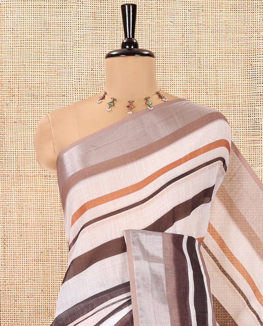 White-Brown Linen Cotton Saree Features Horizontal Stripes on Its Body, Complemented by a Contrast Zari Border, Multi-Color Striped Pallu, and Paired with a Contrast Blouse