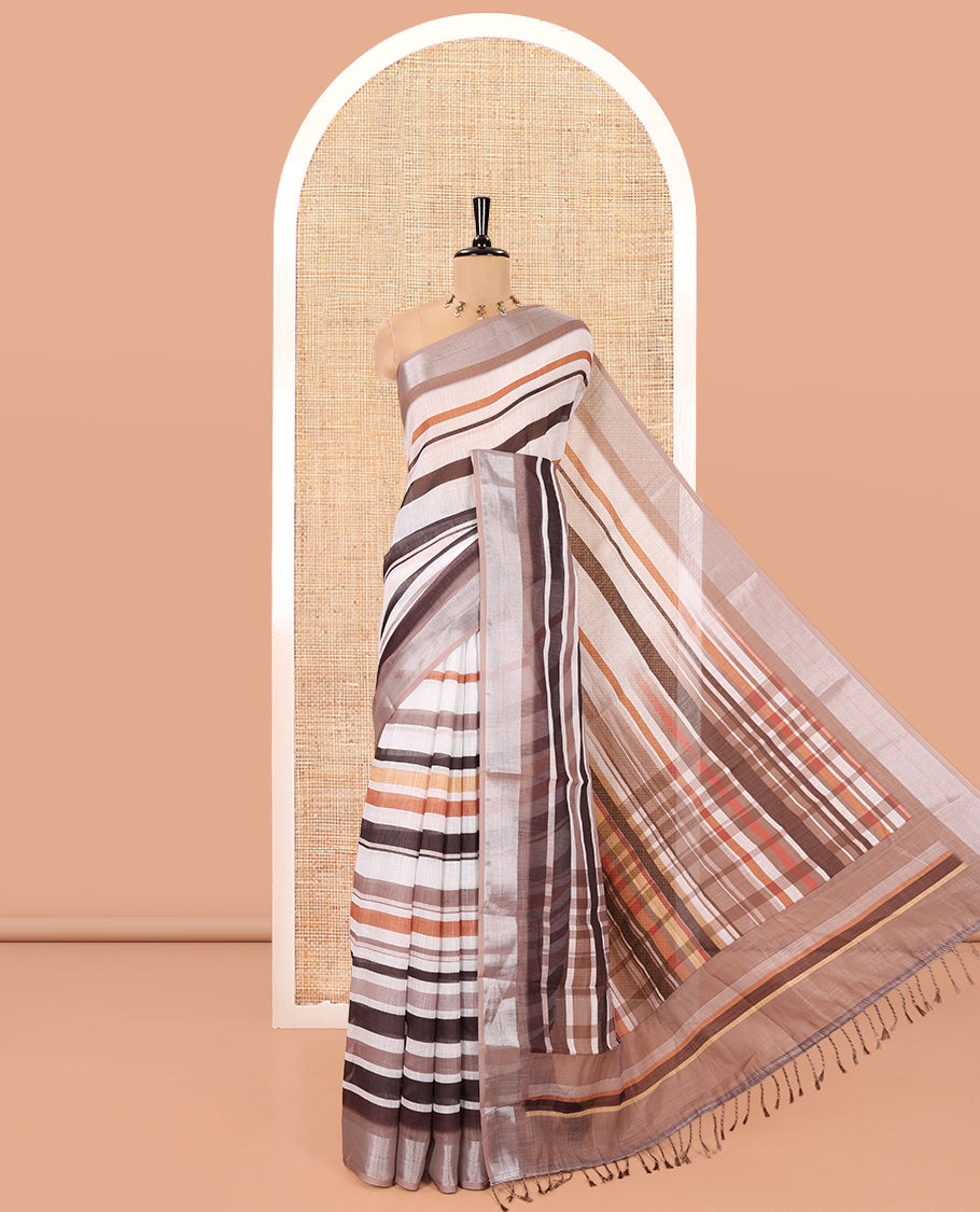 White-Brown Linen Cotton Saree Features Horizontal Stripes on Its Body, Complemented by a Contrast Zari Border, Multi-Color Striped Pallu, and Paired with a Contrast Blouse